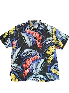 Tommy Bahama Hawaiian Shirt Men Large Tropical Floral Palm Silk Short Sleeve
